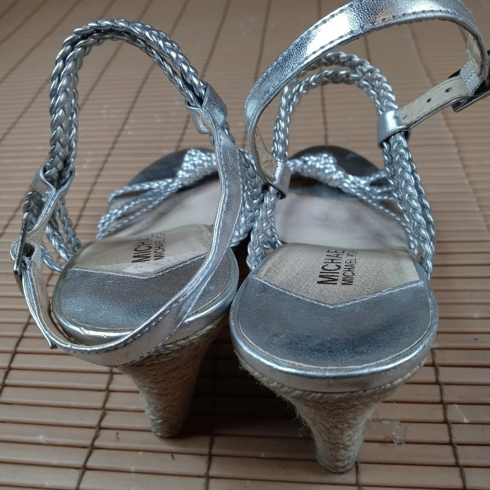 Michael Kors women's platform espadrille braided silver buckle straps. 4